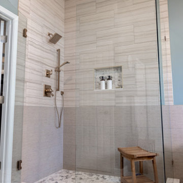 Spa Like Primary Bathroom Remodel with Warm Wood & Brass Details