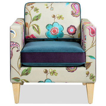 Mamba 28" Electic Floral Printed Woven Patchwork Accent Arm Chair, Purple & Satin Teal Blue