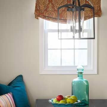 Casual Great Room Family Space with Dining Alcove in Red and Teal