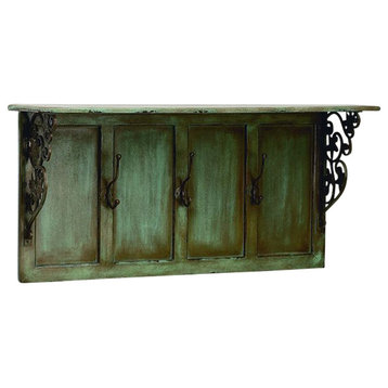 Distressed Green Wood Wrought Iron Wall Shelf Hanging Hooks Cottage Vintage Look