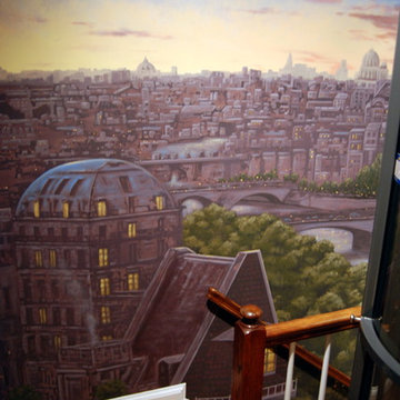 Paris Panorama 360 degree Mural hand painted throughout a 17 foot stairway