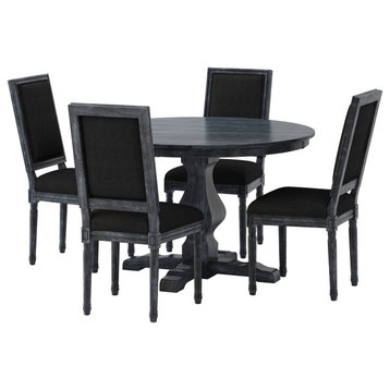 Merlene French Country Fabric Upholstered Wood 5-Piece Circular Dining Set, Gray/Black