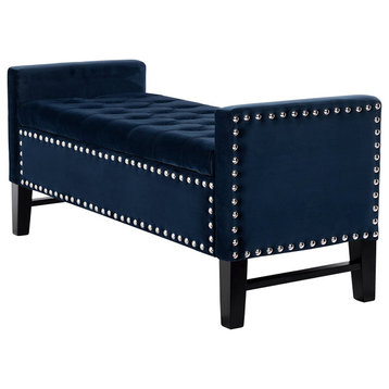 Classic Storage Bench, Velvet Upholstery With Elegant Nailhead Trim Accent, Navy