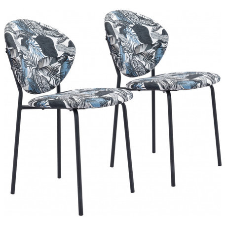 Set of Two Blue Black and White Tropical Design Dining or Side Chairs