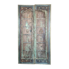 Consigned Rustic Green Barn Door Panel Pair, Vintage Teak Brass Iron Doors