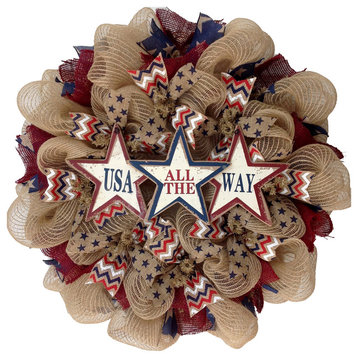 USA All The Way Patriotic Burlap Wreath Handmade Deco Mesh
