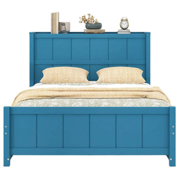 Modern Full Platform Bed, Pull Out Drawers & Headboard With Side Shelves, Blue