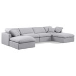 Meridian Furniture - Indulge Upholstered Modular U-Shaped Sectional, Grey, 6-Piece: 2 Armless Chair, 2 Corner Chair, 2 Ottoman, Down Stuffed Linen Textured Fabric - Experience ultimate comfort and style with our grey linen textured fabric Indulge Sectional. The luxurious linen texture of the fabric will elevate the aesthetic of any room. This sofa provides ample space for you to relax while its modular build offers the option of unlimited configurations. Whether you're looking to add a stylish element to your living room or a comfortable seating option to your bedroom, this sofa is the perfect choice.