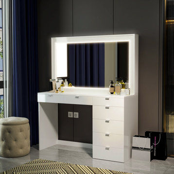 Modern Vanity Table, Multiple Drawers & Rectangular Mirror With LED light, White
