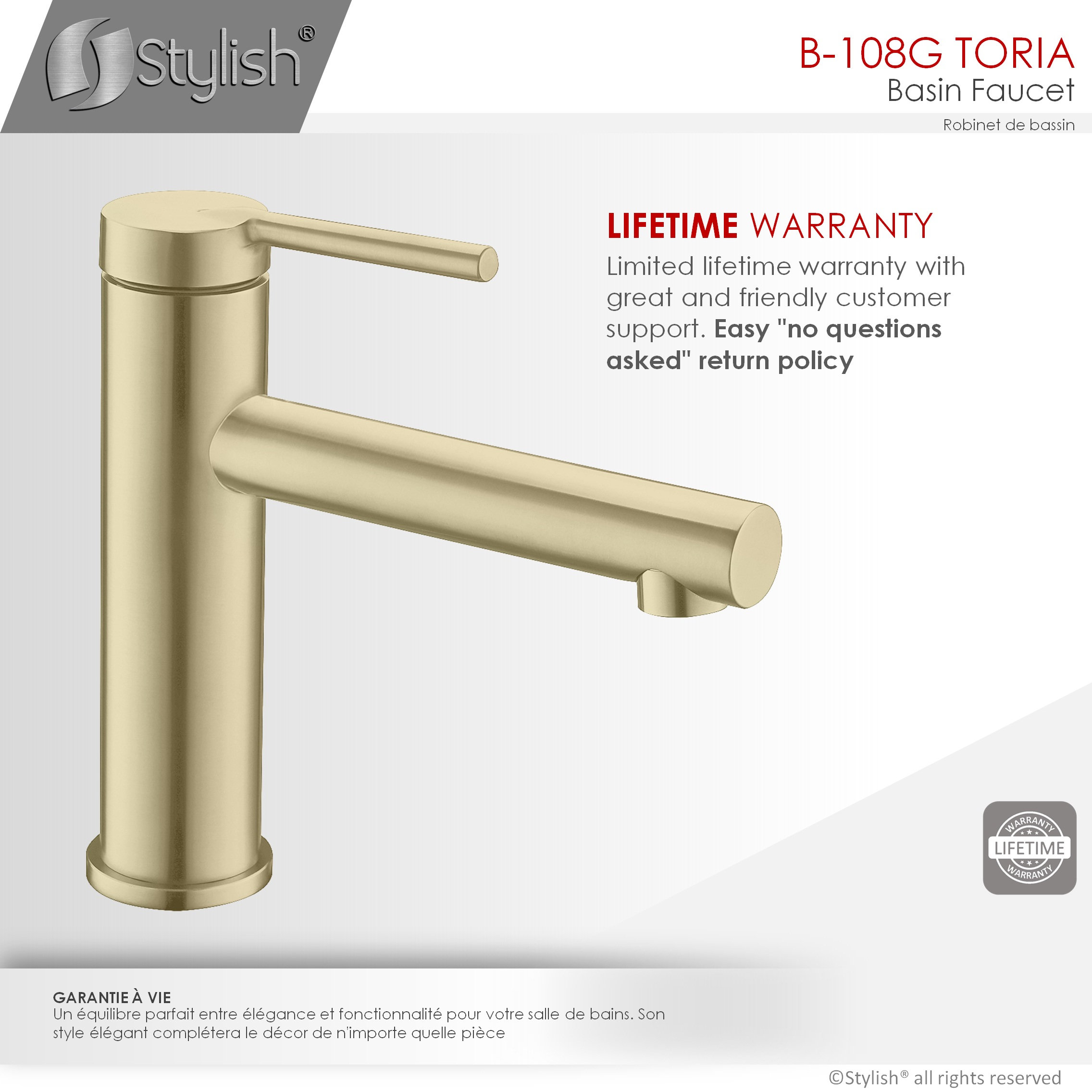 STYLISH Single Handle Modern Bathroom Faucet Basin Sink Faucet, Gold Finish