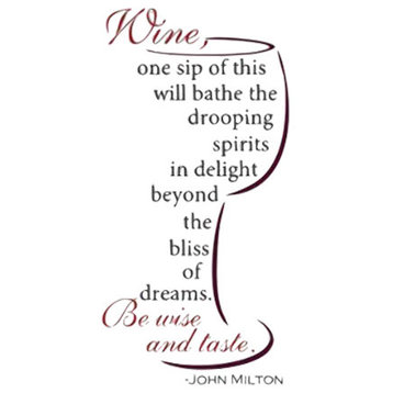 Decal Wall Sticker Wine Be Wise And Taste- John Milton Quote, Red/Gray