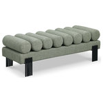 Meridian Furniture - Akeela Linen Textured Fabric Upholstered Bench, Green - Revitalize your seating area with this stunning green Akeela linen textured fabric bench featuring a rolled cushion top. Upholstered in rich green linen textured fabric, this bench delivers both comfort and sophistication and features matte black metal legs to provide sturdy support while adding a modern touch to its art deco design. An ideal addition to an entryway, bedroom, or living room, the bench redefines your space with timeless charm.