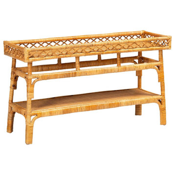 Bohemian Console Table, Natural Rattan Covered Frame With Tray Top, Light Honey