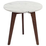 Contemporary Home Living - 15.5" White and Brown Round Italian Carrara Marble Side Table - Take your interior styling to the next level of sophistication with this marble top side table. Crafted with a white marble top and three tapered interlocking walnut legs, this multi-functional furniture cohesively matches modern and transitional homes. You can use it as a side table in the living room, a nightstand in your bedroom, or a minibar table in the dining space.