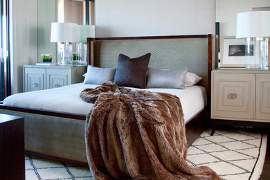 Inspiration for a large transitional master dark wood floor and brown floor bedroom remodel in Atlanta with white walls and no fireplace