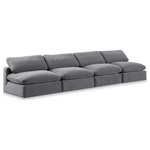 Meridian Furniture - Comfy Upholstered Modular Sofa, Grey, 4-Piece: 4 Armless Chair, Velvet - Give your space a whole new look with this grey Comfy velvet sofa. This handsome sofa fits nicely with other items in the Comfy collection and is a versatile seating option designed for adaptability, comfort and style. Wrapped in rich grey durable velvet upholstery, this sofa offers a plush embrace of overstuffed down feather cushions, carefully crafted to deliver the highest level of comfort. The perfect seat for creating an oasis for relaxation, this sofa has thick foam surrounding its frame for added support and coziness.
