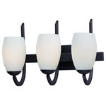 Maxim Lighting - Taylor 3-Light Bath Vanity - Heavy rectangular tubing support tall scale Satin White glass shades that creates an upscale forged look at a builder price.  Available in your choice of Textured Black or Satin Nickel, this collection is complete enough to do the entire home.