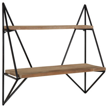 Melita 2-Tier Wood and Metal Wall Shelf, Rustic Brown/Black