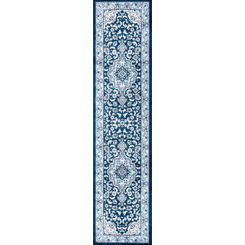 Palmette Modern Persian Floral Area Rug, Navy/Blue, 2x8