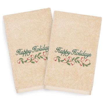 Linum Home Textiles Christmas Happy Holidays Hand Towels, Set Of 2, Sand
