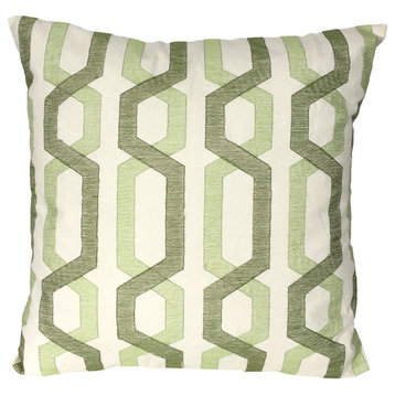 Benzara BM200583 Cotton Pillow with Geometric Embroidery, White and Green