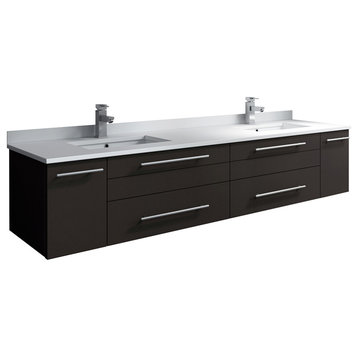 Lucera Wall Hung Cabinet With Top & Double Undermount Sinks, Espresso, 72"