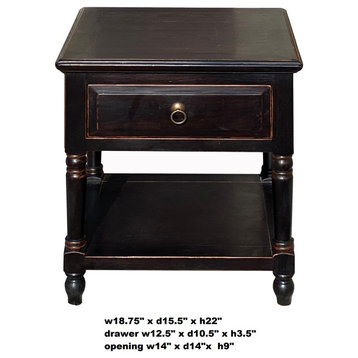 Oriental Distressed Black Brown Lacquer Drawer End Table Nightstand Hcs7249