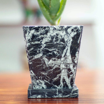 Novica Handmade Black And White Contempo Marble Flower Pot