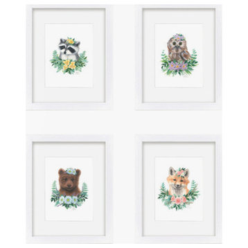 "Woodland Littles 1" Set of Four Framed Prints With Mat, White, 11x14