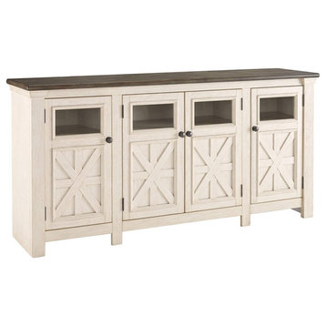 Traditional Farmhouse TV Stand, Patterned Doors With Glass Insert, Whitewash