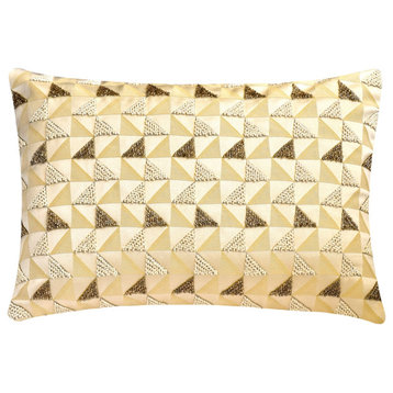 Gold and Ivory Jacquard 12"x20" Lumbar Pillow Cover, Mosaic Beaded Gold Triad