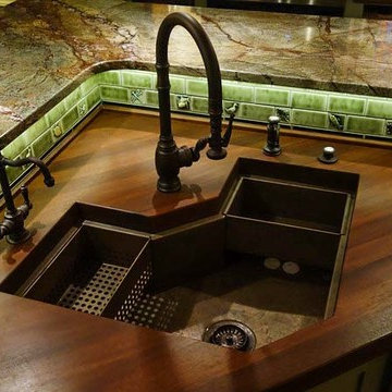Unique Copper Corner Workstation sink in Mahogany Counter top