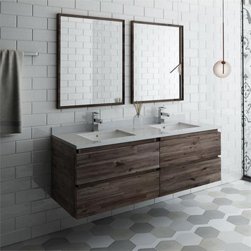 Fresca Formosa Wall Hung Double Sinks Bathroom Vanity with Mirrors in Brown