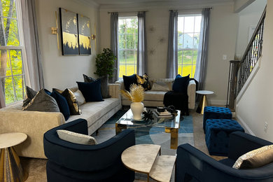 Foto de salón para visitas abierto moderno grande sin televisor y chimenea con paredes blancas, moqueta y suelo gris