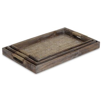 3-Piece Brown Wooden Trays With Center Bamboo Pattern And Rope Handles