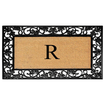 A1HC Floral Border Black 18x30 Rubber and Coir Heavy Duty Monogrammed Doormat, R