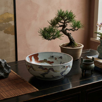 9.5" Asian Style Longevity Cranes Cloud Painted Porcelain Art Bowl GB827