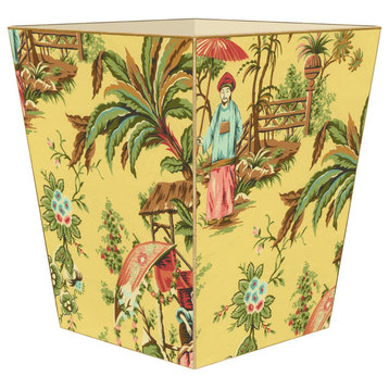 Yellow Chinoiserie Wood Wastepaper Basket, Flat Top With Tissue Box Cover