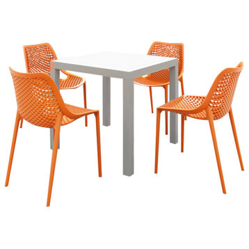 Air Mix Square Dining Set with White Table and 4 Orange Chairs