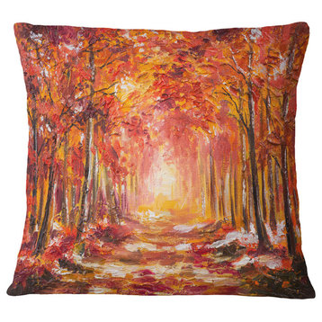 Autumn Forest in Red Shade Landscape Printed Throw Pillow, 18"x18"