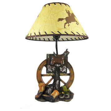 Western Saddle Table Lamp W/ Cowboy Print Shade