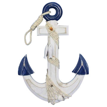Wooden Rustic Blue/White Anchor With Hook Rope and Shells 13''