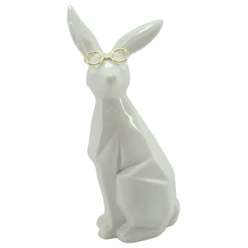 Ceramic 8"H Sideview Bunny With Glasses, White/Gold