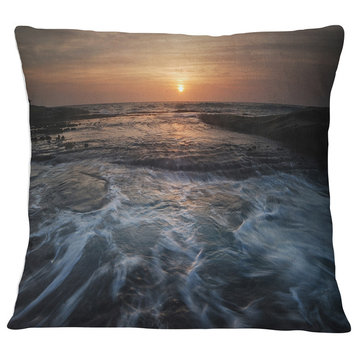 Dark Seashore with Rushing Waves Modern Beach Throw Pillow, 18"x18"