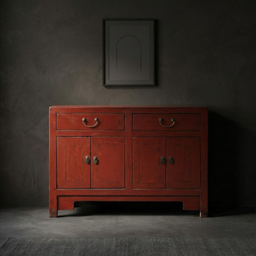 Distressed Brick Red Drawers Doors Sideboard Credenza Console Table ws4987