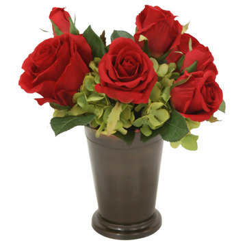 Red Roses and Green Hydrangeas in Bronze Mint Julep Cup