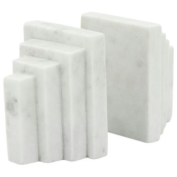 Set of 2 Marble 5"H Block Bookends, White