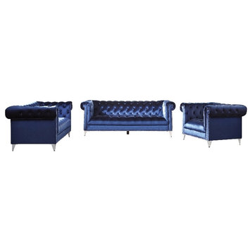 Bowery Hill 3-Piece Upholstery Tufted Tuxedo Arm Velvet Sofa Set in Blue