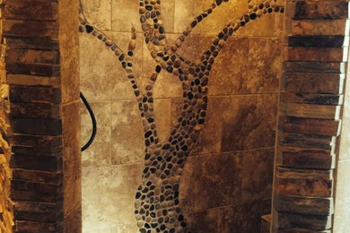 Example of a mid-sized mountain style master bathroom design in Other with a vessel sink and granite countertops