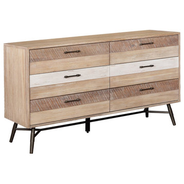 Rustic Double Dresser, Acacia Wood Frame With 6 Drawers, Rough Sawn Multi Finish